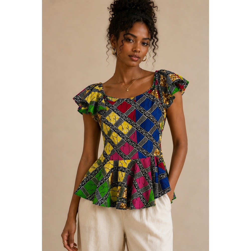 Shenbolen African Wax Print Peplum Top Flutter Sleeve Multicolor Cotton Large